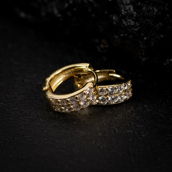 Two Row Yellow Gold Plated Mens Iced Cz Sterling Silver Huggie Hoop Earrings - Picture 5 of 5